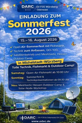 Sommerfest 2026! 15.–16. August in Michelstadt-Würzberg. Flohmarkt, Technik, Satellitenfunk, Meshtastic, Camp & Workshops. Jeder ist willkommen – CB & AFU! Infos: www.odxc.de 📻